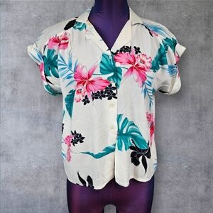 Vintage Spotlight Tropical Pink Orchid & Palm Leaf Hawaiian Shirt Size Medium F2